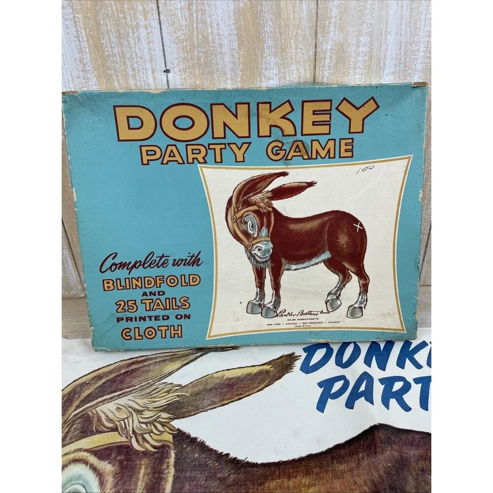 Vintage 1950s Pin the Tail on the Donkey Party Game Parker Brothers - 18 Tails